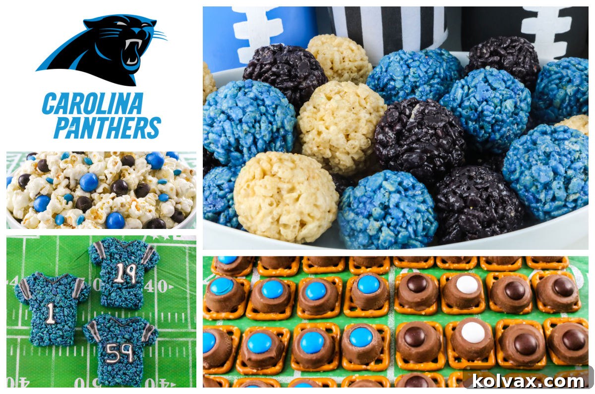 A vibrant collage featuring a variety of blue and black Carolina Panthers themed desserts for game day parties.