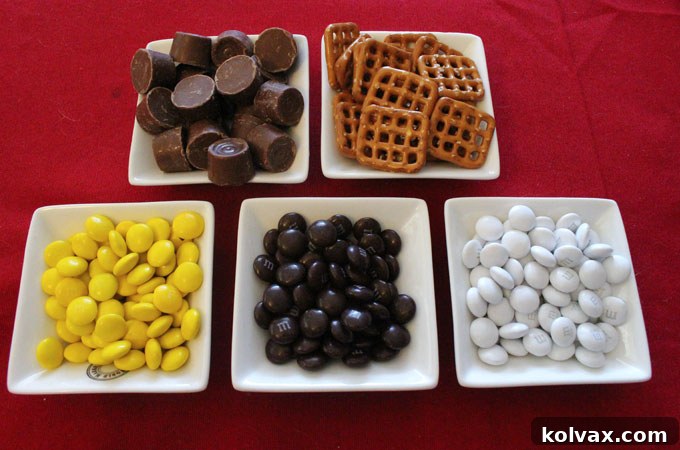 All the essential ingredients for making delicious Pittsburgh Steelers Pretzel Bites: Pretzel Snaps, Rollo Candies, and M&M's in black, gold, and white.
