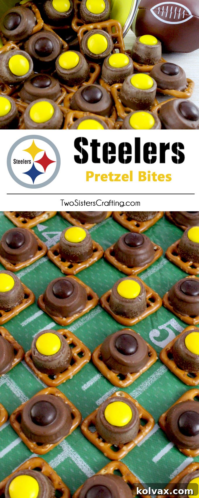 Our easy to make Pittsburgh Steelers Pretzel Bites are yummy bites of sweet and salty Football Game Day goodness. They are perfect as a little extra treat at a NFL playoff party, a Super Bowl party or as a special dessert for the Pittsburgh Steelers fan in your life. Follow us for more fun Super Bowl Food Ideas.