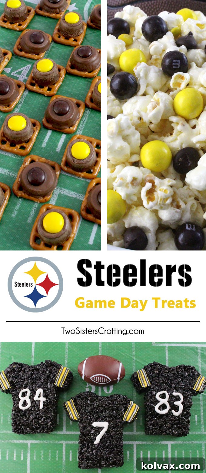 A vibrant display of various Pittsburgh Steelers themed game day treats including pretzel bites, popcorn, and Rice Krispie treats, arranged for a football party.