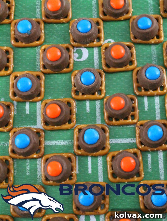 Vertical shot of a platter of freshly made Denver Broncos Pretzel Bites, showcasing their appealing colors and texture