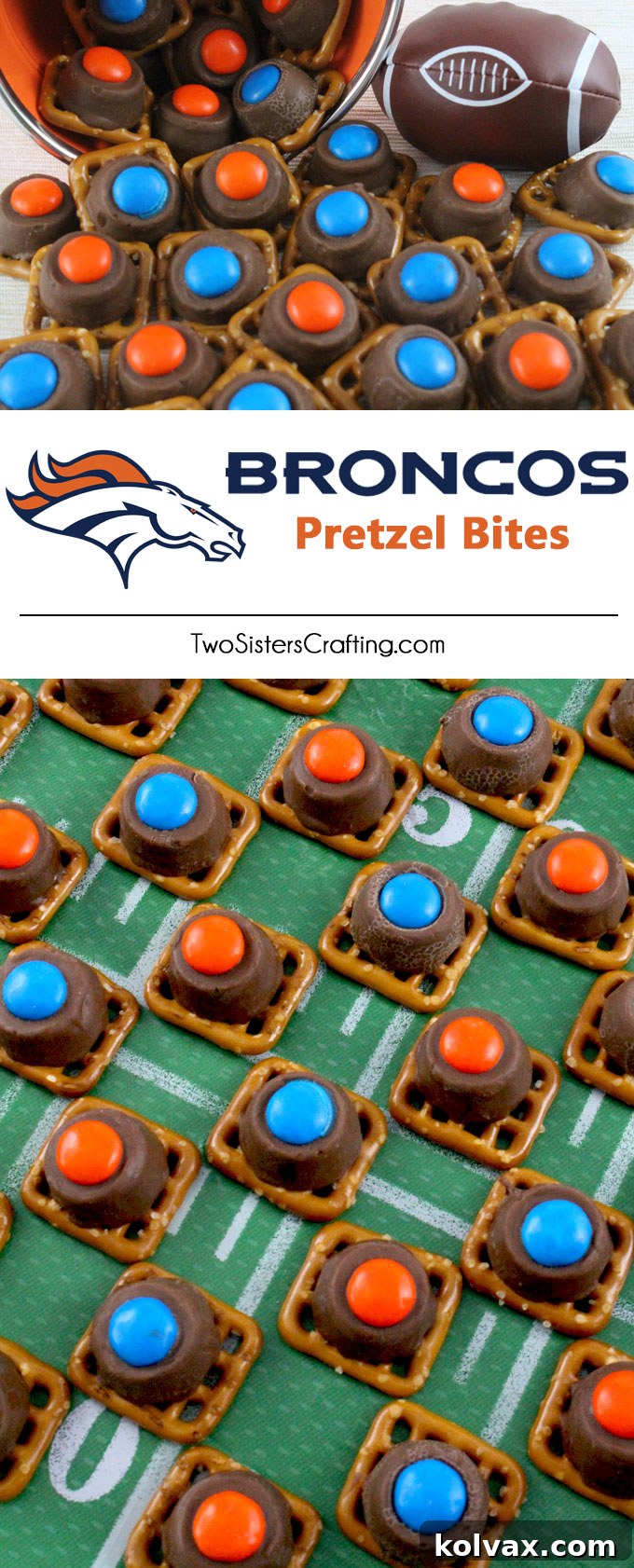 Styled vertical photo of Denver Broncos Pretzel Bites on a wooden serving board, perfect for sharing on social media