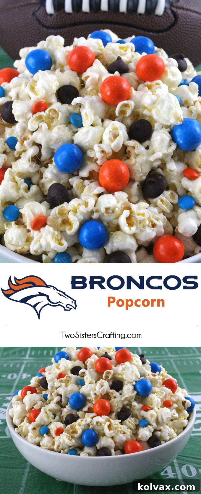 Broncos Gameday Popcorn 12 Platter of Denver Broncos Popcorn, a perfect blend of sweet and salty, adorned with team colors.