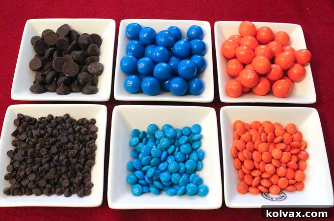 Broncos Gameday Popcorn 8 Assorted orange and blue candies and chocolate chips for decorating Denver Broncos Popcorn.