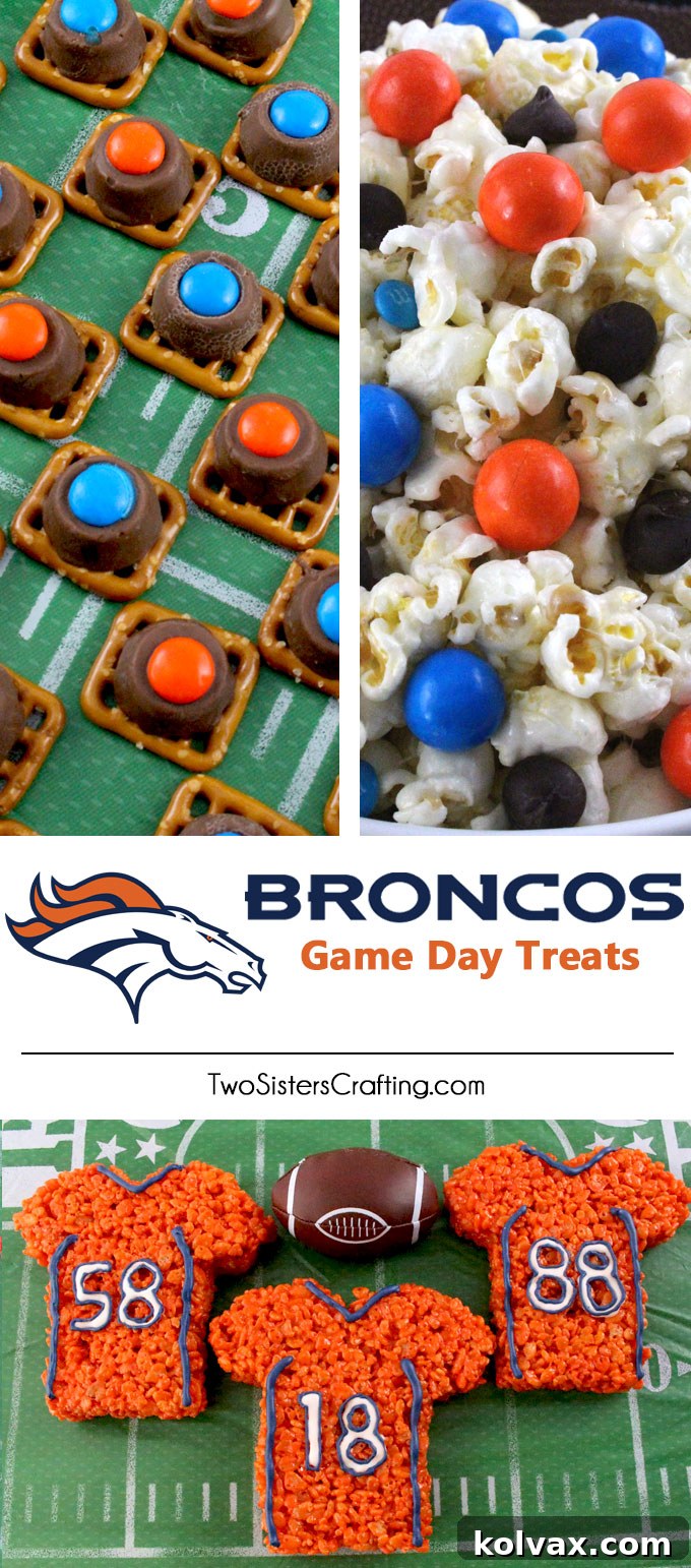 A festive spread of Denver Broncos Game Day Treats including pretzel bites, popcorn, and Rice Krispie treats, ready for a party.