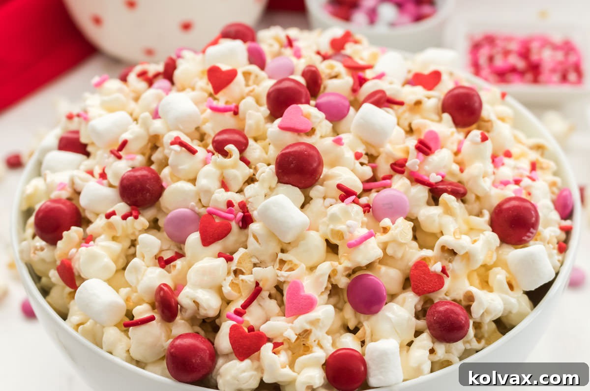 A close-up view of Valentine's Day Popcorn overflowing from a white bowl, resting on a white surface, showcasing the vibrant red, pink, and white candies and sprinkles amidst the marshmallow-coated popcorn.
