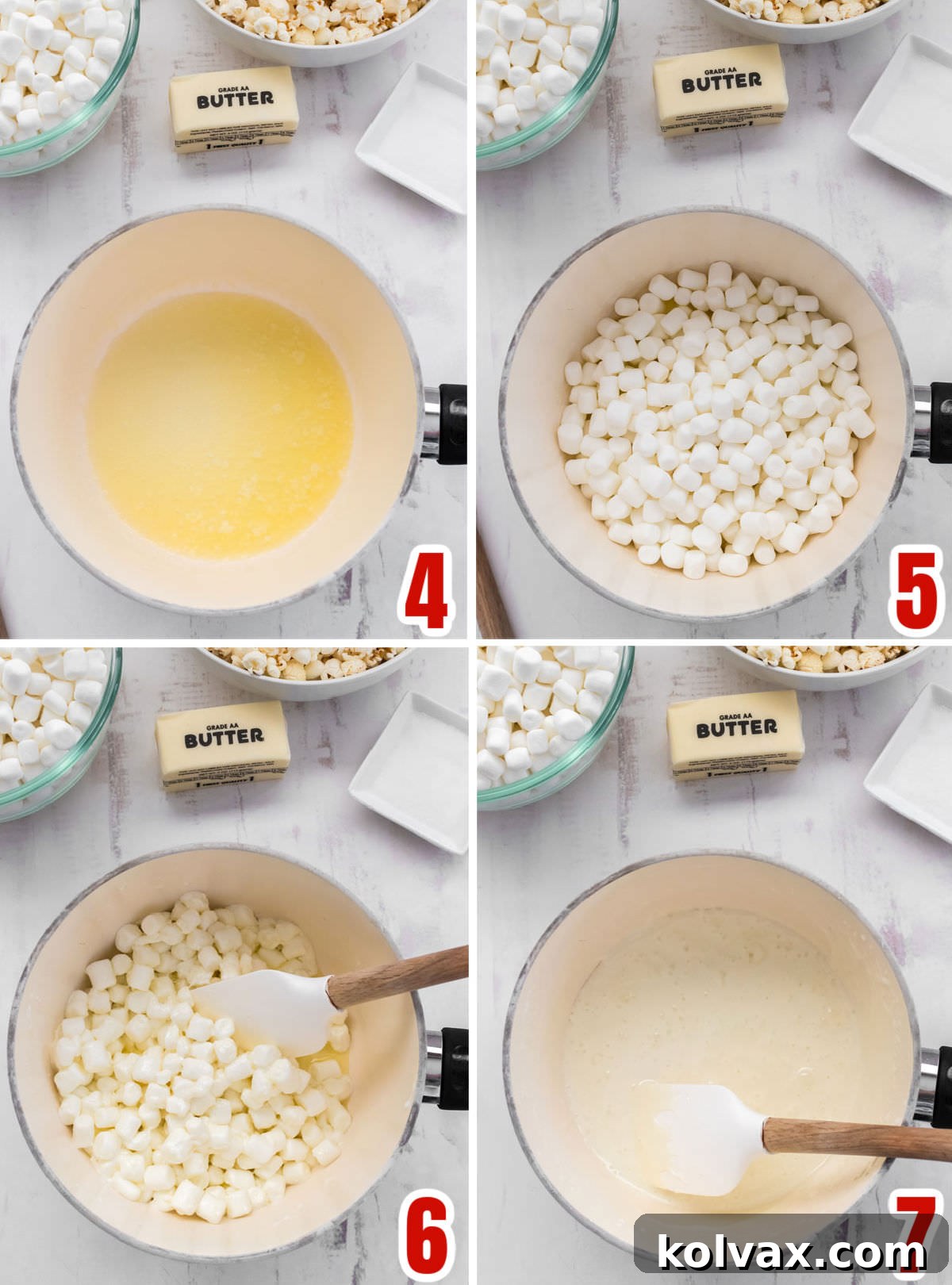 A three-panel collage demonstrating the preparation of the marshmallow mixture. The first panel shows butter melting in a saucepan, the second shows mini marshmallows added to the melted butter, and the third shows the mixture being stirred into a smooth, gooey consistency.