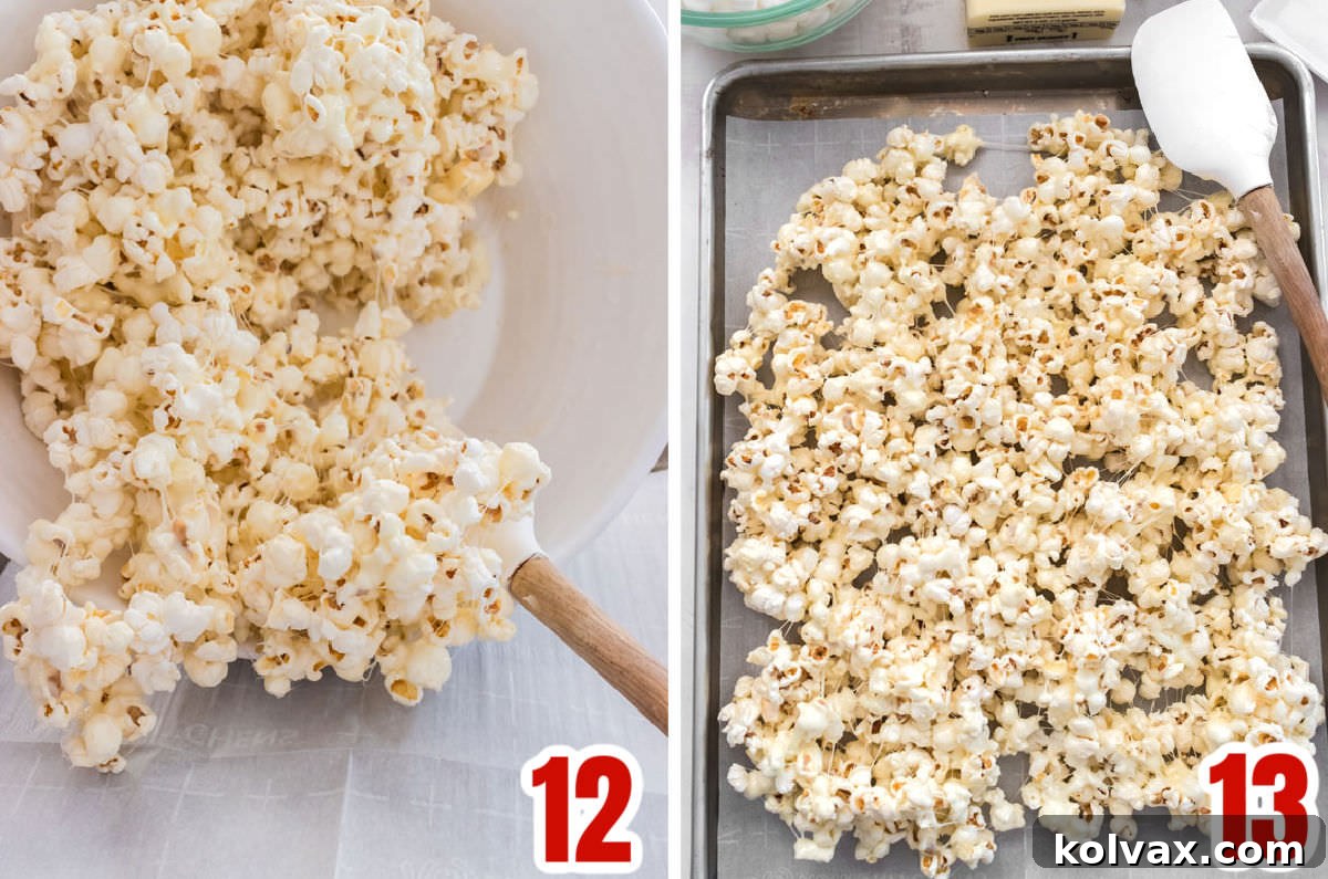 A two-panel collage showing how to arrange the Valentine's Day Popcorn. The first panel shows coated popcorn being poured onto a parchment-lined cookie sheet, and the second shows a spatula spreading the popcorn evenly across the sheet.