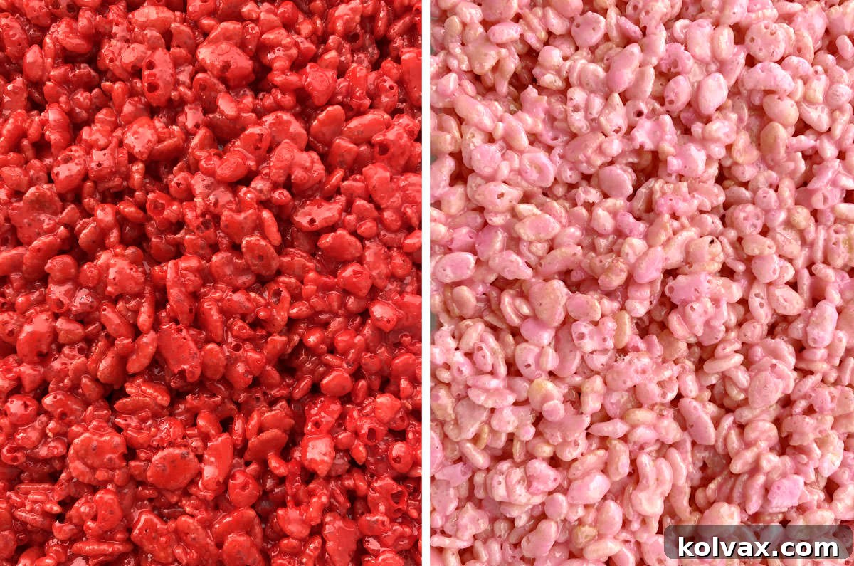A close-up collage image showcasing bowls of vibrant red and delicate pink Rice Krispie Treat mixtures, ready for shaping into Valentine's Day X's and O's.