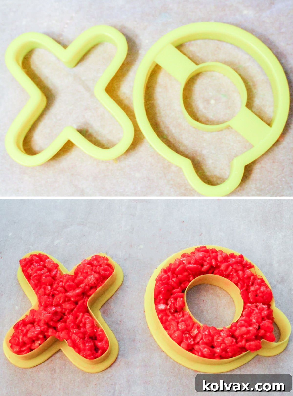 A step-by-step collage demonstrating how to use alphabet cookie cutters to form red and pink X and O shaped Valentine's Rice Krispie Treats.