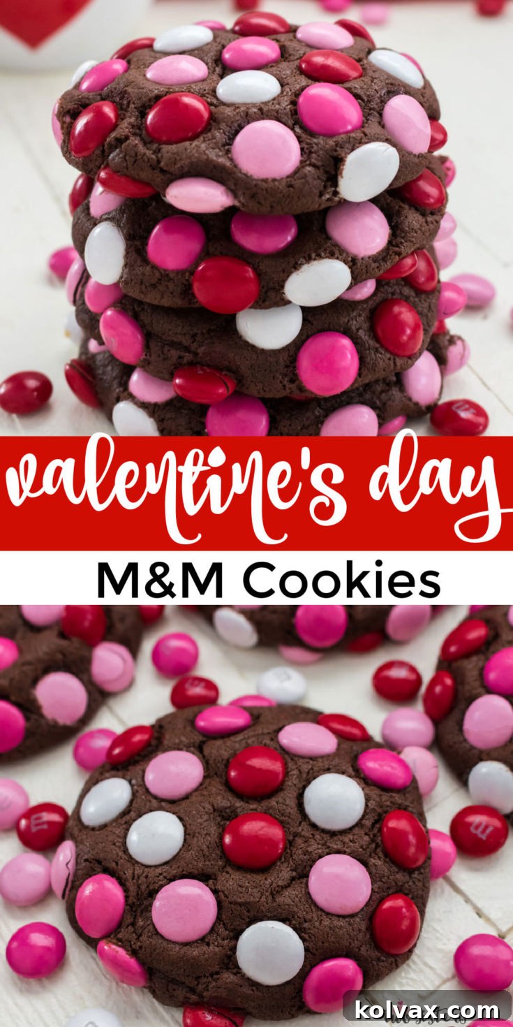 Pinnable image for Valentine's Day M&M Cookies recipe.