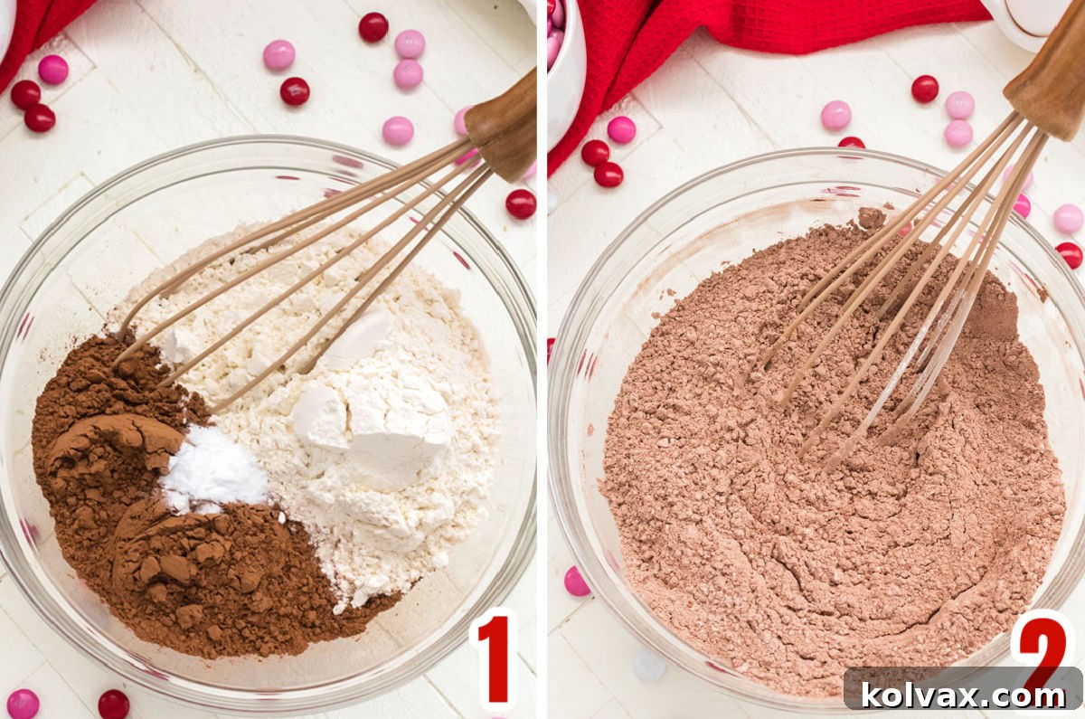Colorful Valentine M&M Cookies 4 A collage demonstrating the initial steps of whisking together dry ingredients for the Valentine's Day M&M cookie dough, including flour, cocoa powder, baking soda, and salt in a bowl.