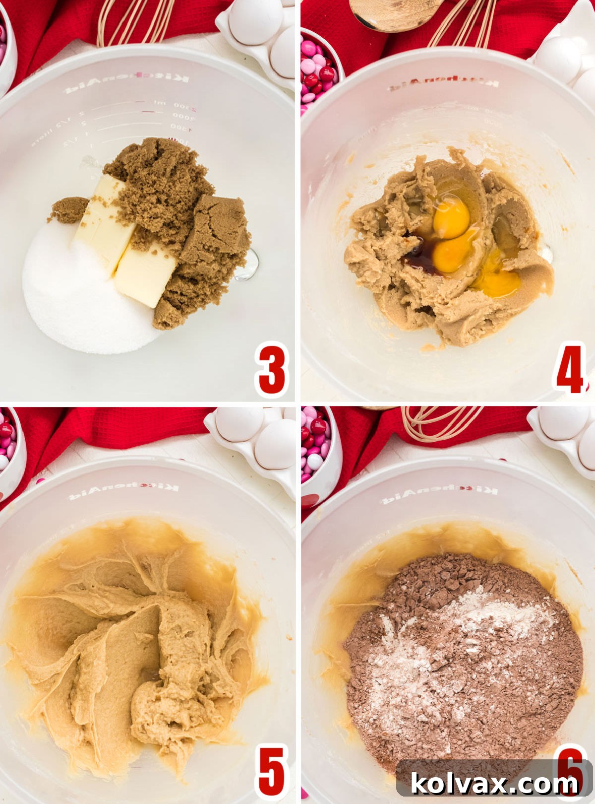 Colorful Valentine M&M Cookies 5 A multi-panel collage illustrating the complete process of preparing the Valentine's Chocolate M&M Cookie dough, showing butter and sugars creaming, eggs and vanilla being added, and dry ingredients gradually incorporated into the wet mixture.