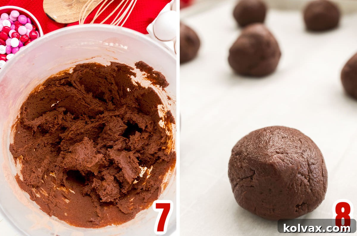 Colorful Valentine M&M Cookies 6 A two-panel collage displaying a bowl of rich chocolate cookie dough and a perfectly portioned cookie dough ball on a parchment-lined baking sheet, ready for M&M application.