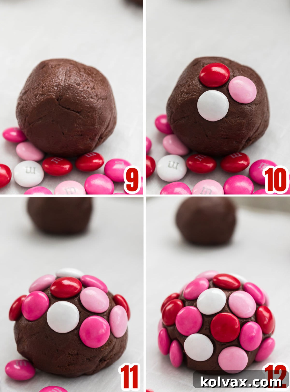 Colorful Valentine M&M Cookies 7 A step-by-step collage demonstrating how to press Valentine's colored M&M's onto each chocolate cookie dough ball, ensuring full coverage for a vibrant baked result.