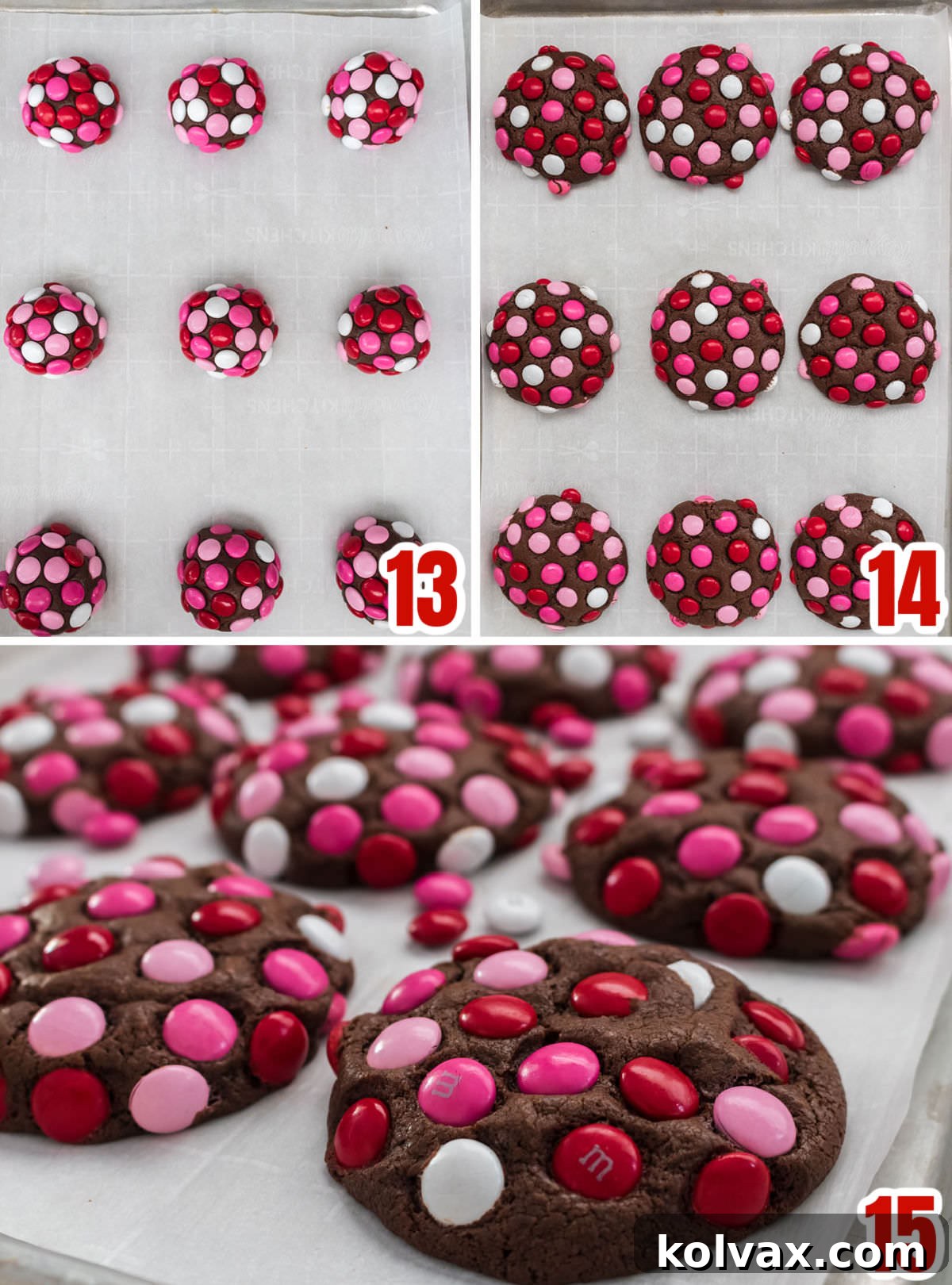 Colorful Valentine M&M Cookies 8 A collage illustrating the baking process for M&M Cookies: placing dough balls on a baking sheet, baking in the oven, and allowing them to cool completely after removal.