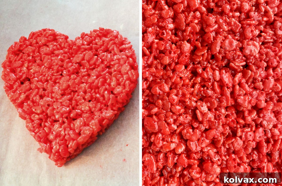 A visual guide showing the process of making red Rice Krispie Treat hearts: adding crimson and red food coloring to melted marshmallows, mixing in cereal, and shaping with a heart cutter.