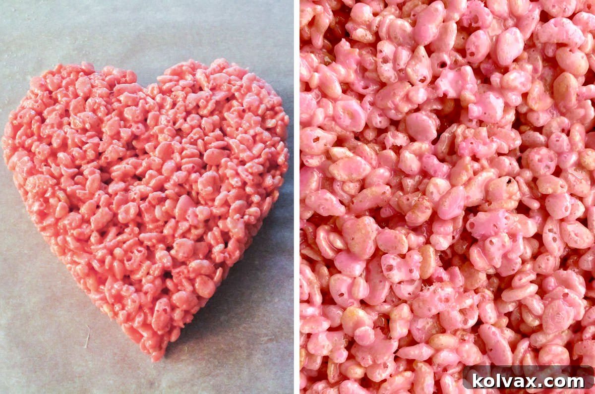 A collage demonstrating the steps to make pink Rice Krispie Treat hearts, including adding pink food coloring to marshmallows, mixing with cereal, and shaping.