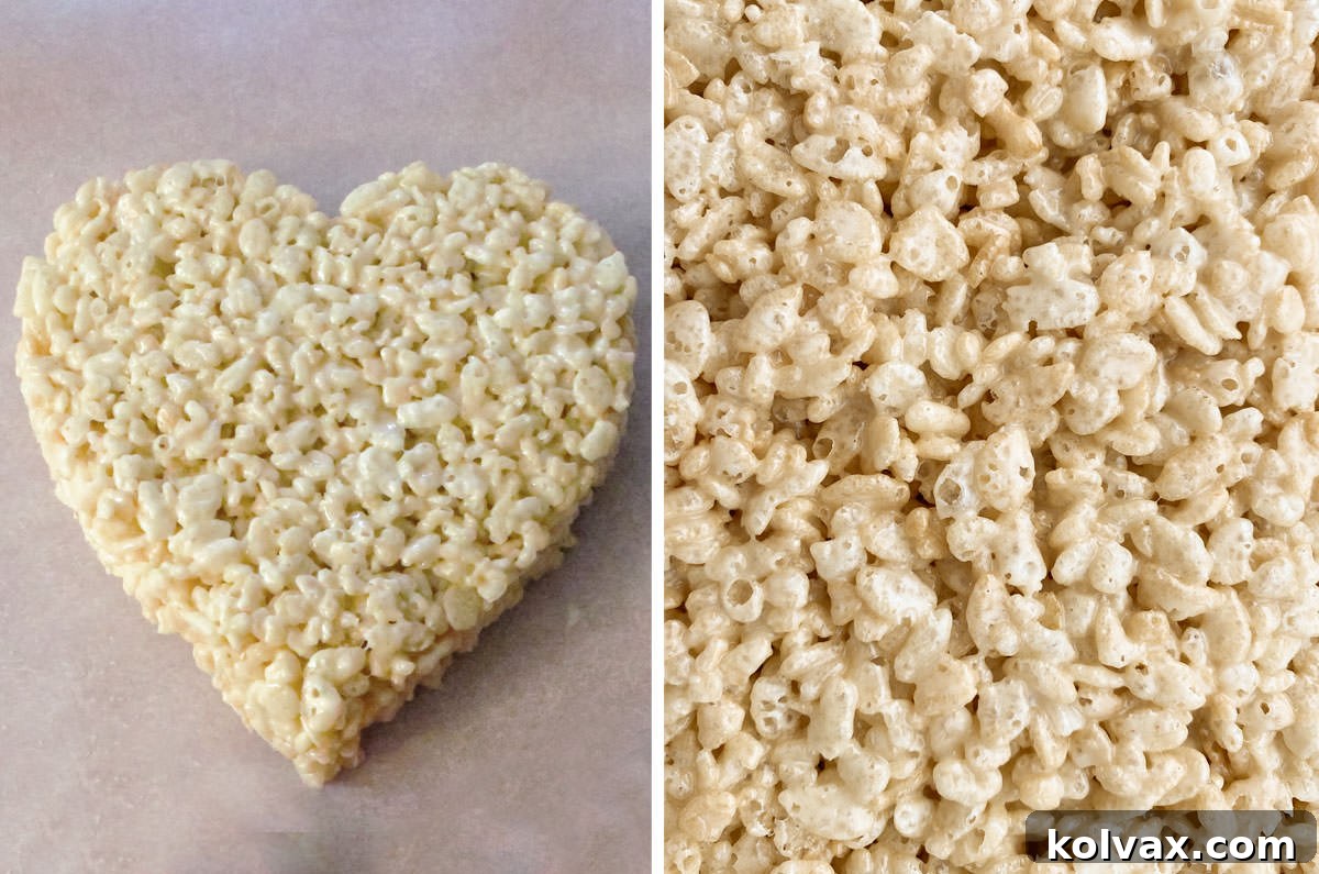 A collage demonstrating the simplicity of making white Rice Krispie Treat hearts: mixing uncolored marshmallow mixture with cereal and shaping.