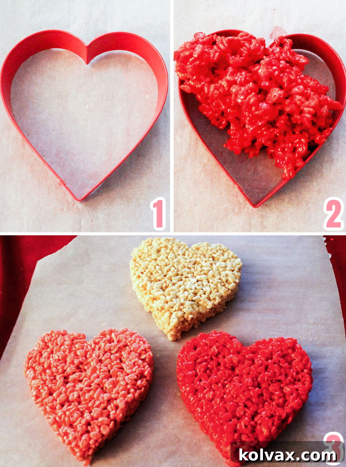 A detailed collage showing the process of pressing Rice Krispie Treat mixture into a large heart-shaped cookie cutter and then gently releasing the perfectly formed heart onto parchment paper.