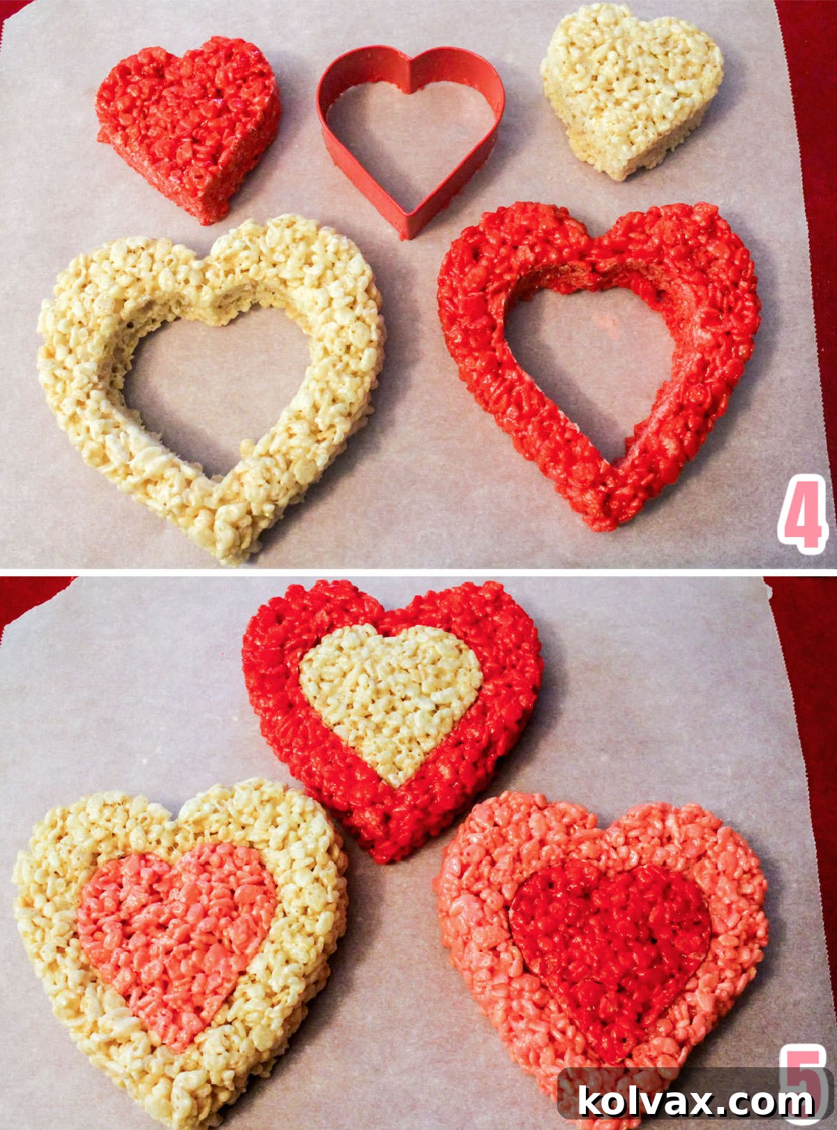 A collage illustrating the final assembly steps: cutting a smaller heart from the center of a large Rice Krispie Treat heart and then swapping the inner cutout with a contrasting color to create a beautiful two-toned Valentine's treat.