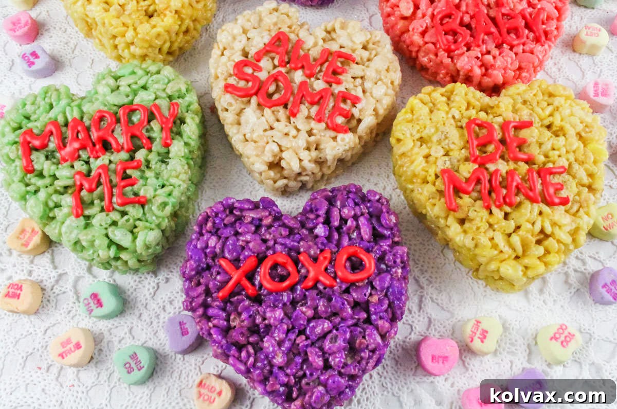 Four Conversation Heart Rice Krispie Treats sitting on a white lace linen surrounded by conversation heart candies.
