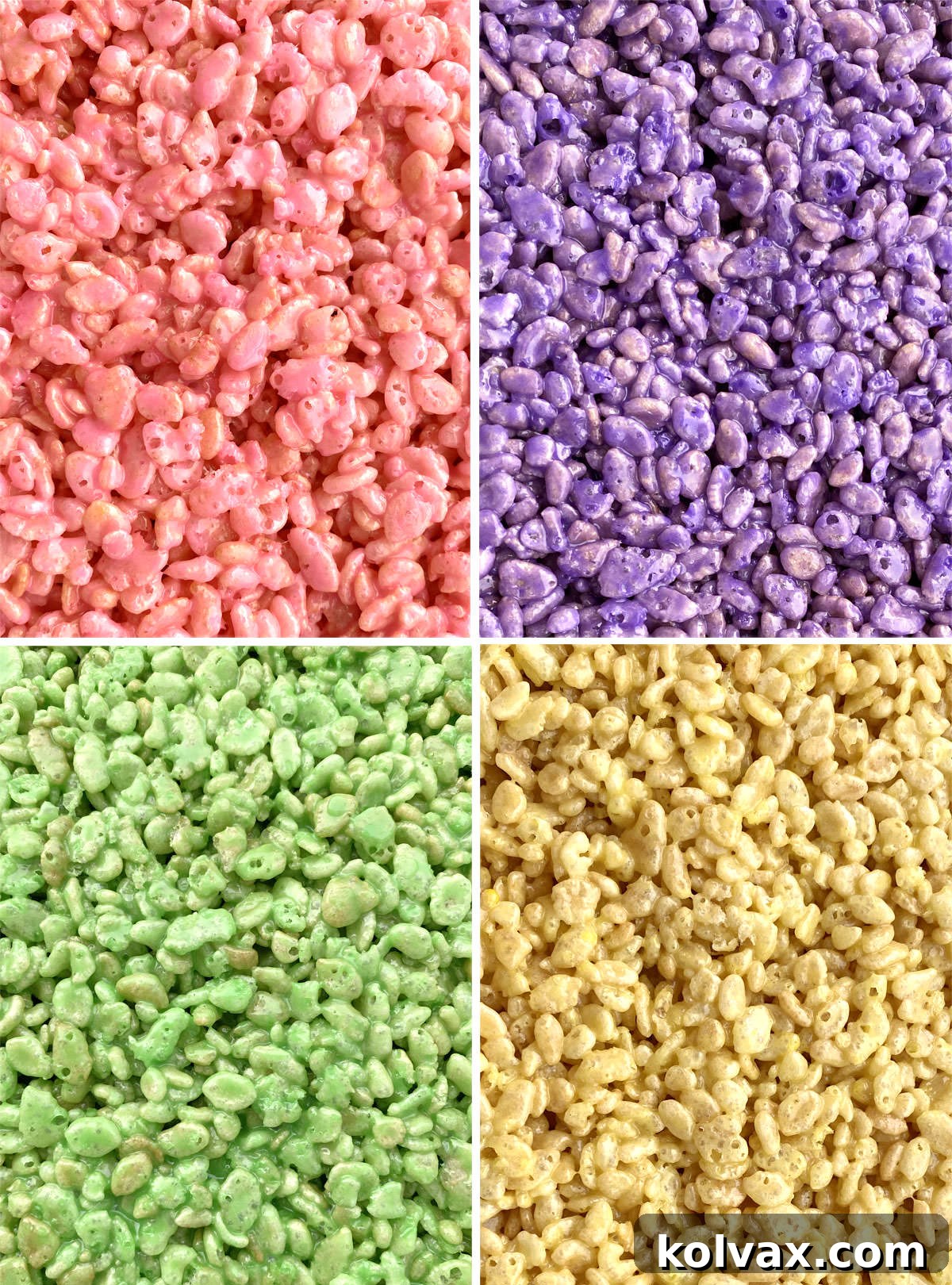 Collage image showing the four different colors of Rice Krispie Treat mixture that we used for this Valentine's dessert.