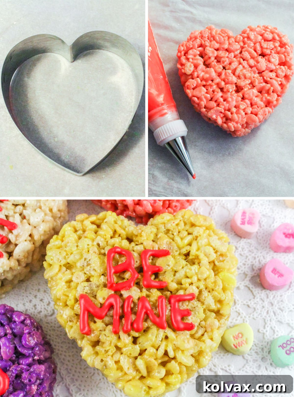 Collage image showing the steps for creating the Conversation Heart Rice Krispie Treats.