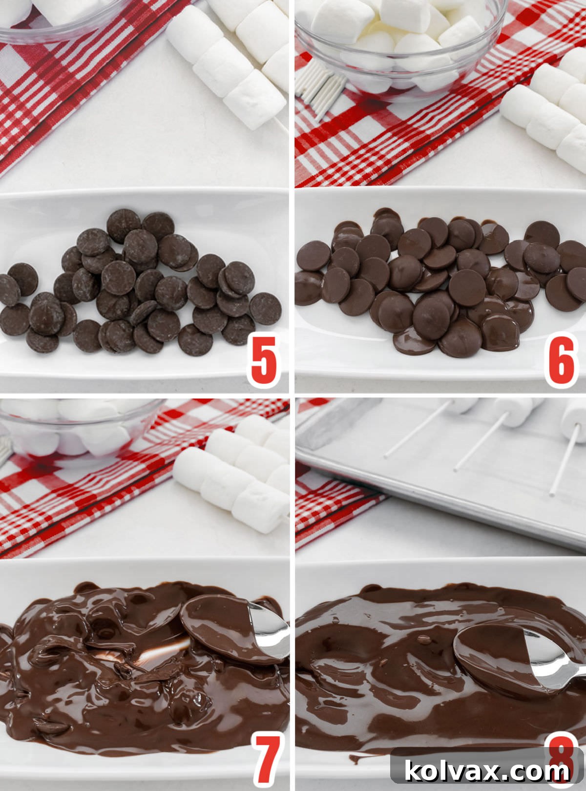 Collage image showing how to melt the chocolate melting wafers in the microwave, demonstrating the smooth, melted consistency.