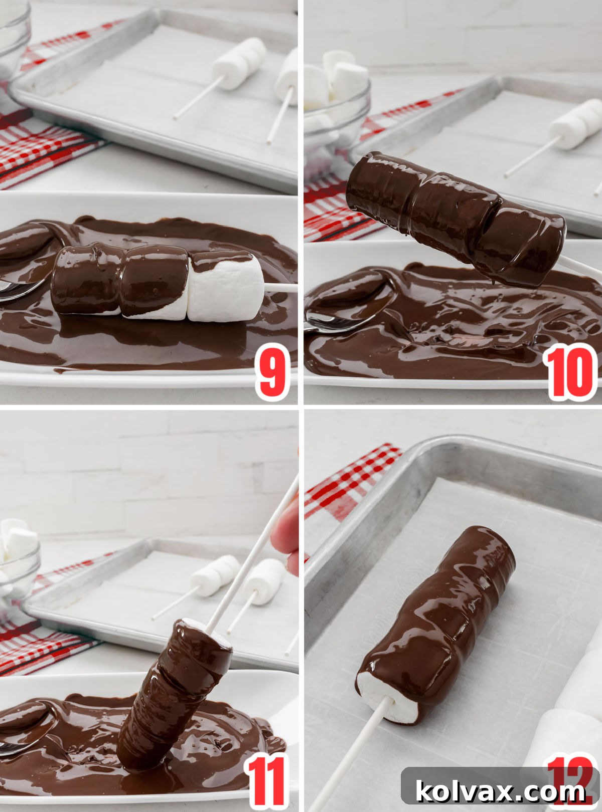 Collage image showing the steps you will need to take to cover the marshmallow wands in chocolate, including rolling and tapping off excess.