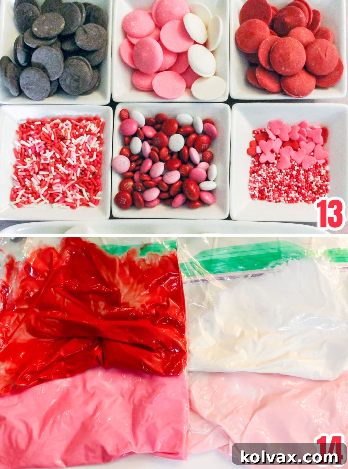 Collage image showing the ingredients you will need to decorate the marshmallow wands including sprinkles, M&M's and candy melts in red, pink, and white.