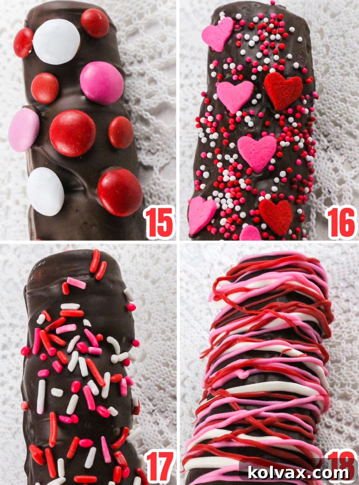 Collage image showing four different decorating ideas for the Valentine's Day Marshmallow Wands, including sprinkles, M&M's, and candy melt drizzles.