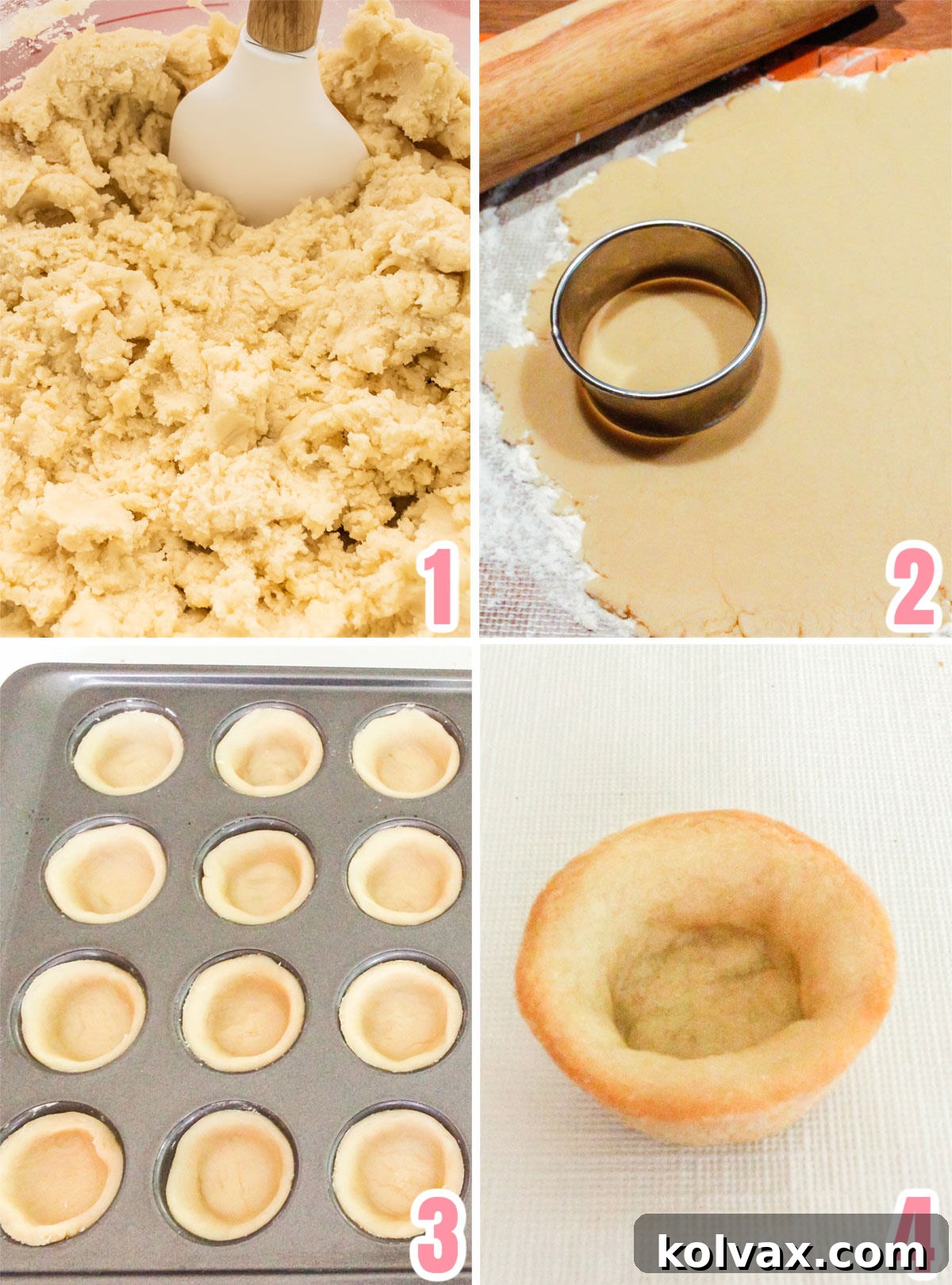 Collage image showing the steps for making the cookie cups for the Pink Lemonade Cookie Cup recipe, including rolling dough, cutting circles, pressing into a mini muffin pan, and baking until golden brown.