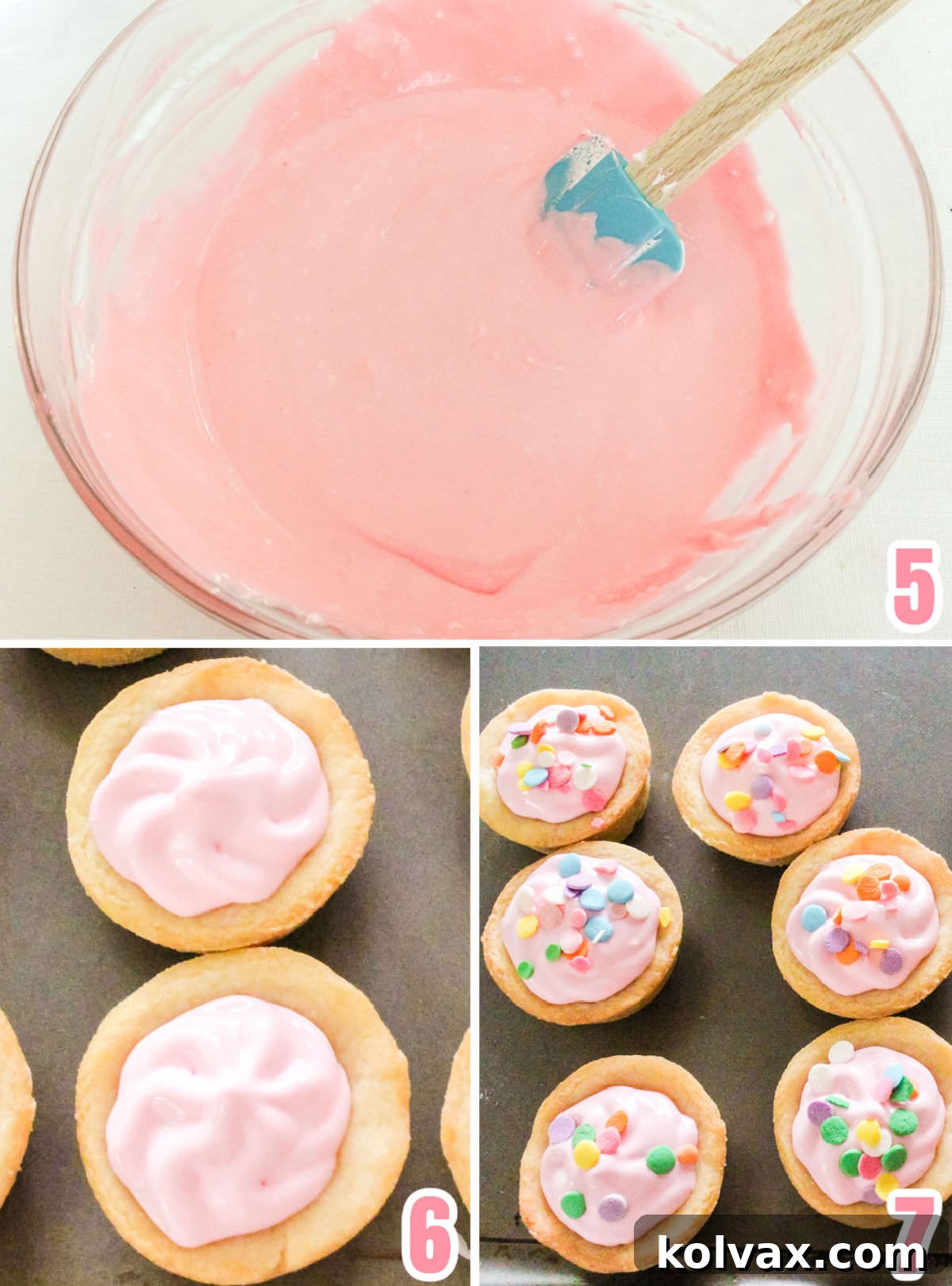Collage image showing the steps for making the Pink Lemonade Filling and using it to fill the cookie cups, illustrating the mixing process and final assembly.