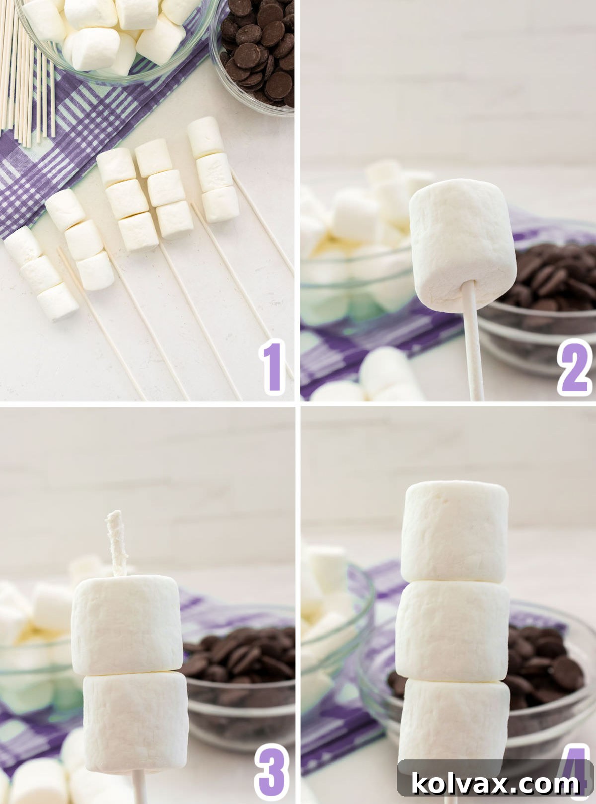 Collage image showing how to place the marshmallows on the lollipop stick.