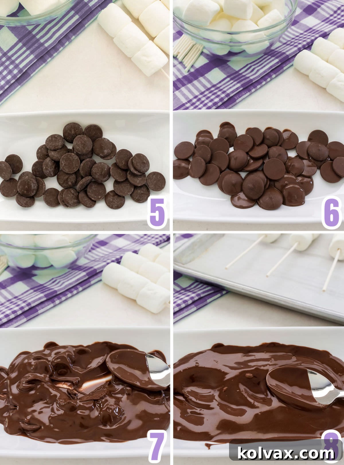 Collage image showing the steps necessary to melt the chocolate for the marshmallow pops.