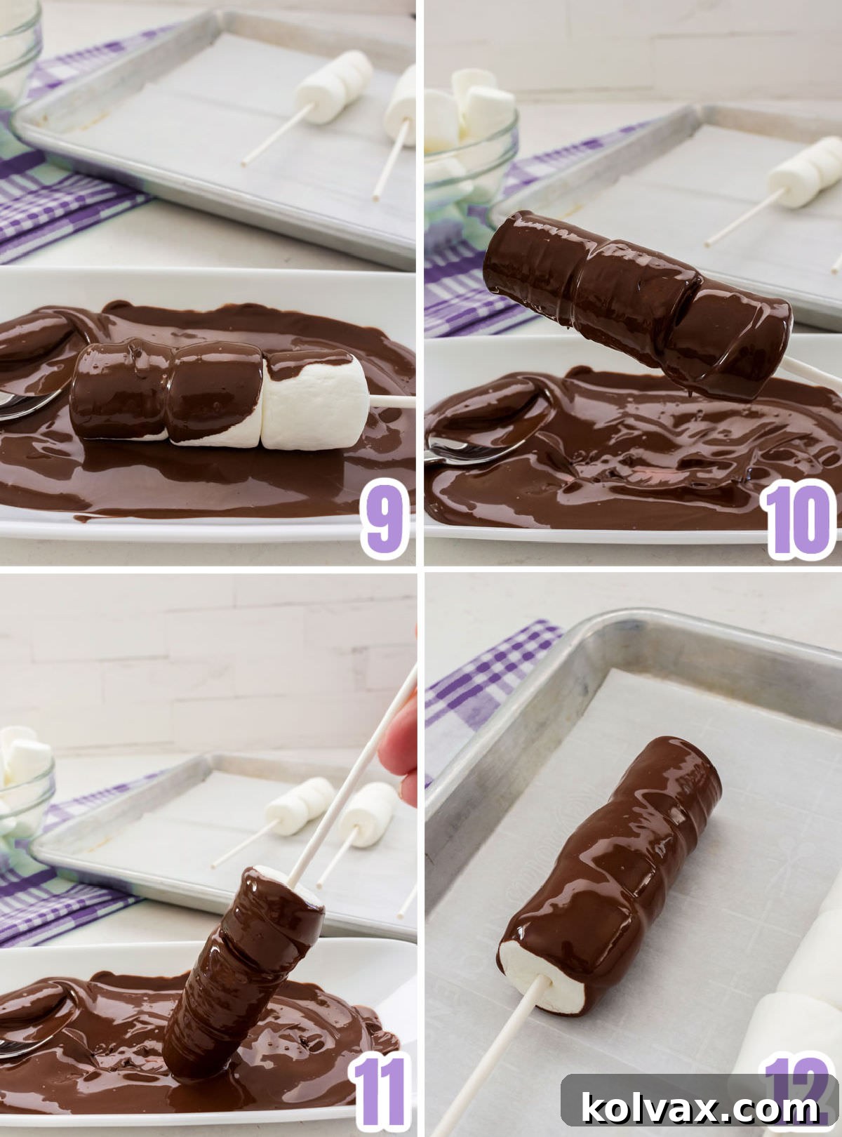 Collage image showing the steps you need to take to cover the marshmallow pops in chocolate.