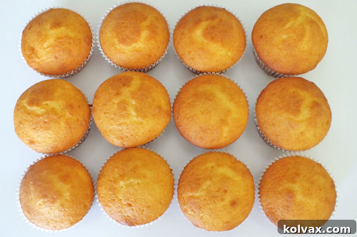 12 freshly baked golden yellow cupcakes laying on a white table, ready for frosting.