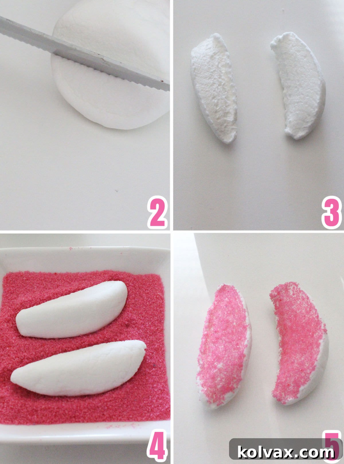 Collage image showing the steps for making the marshmallow bunny ears for the cupcake: slicing marshmallows diagonally and dipping the sticky side in pink sparkling sugar.