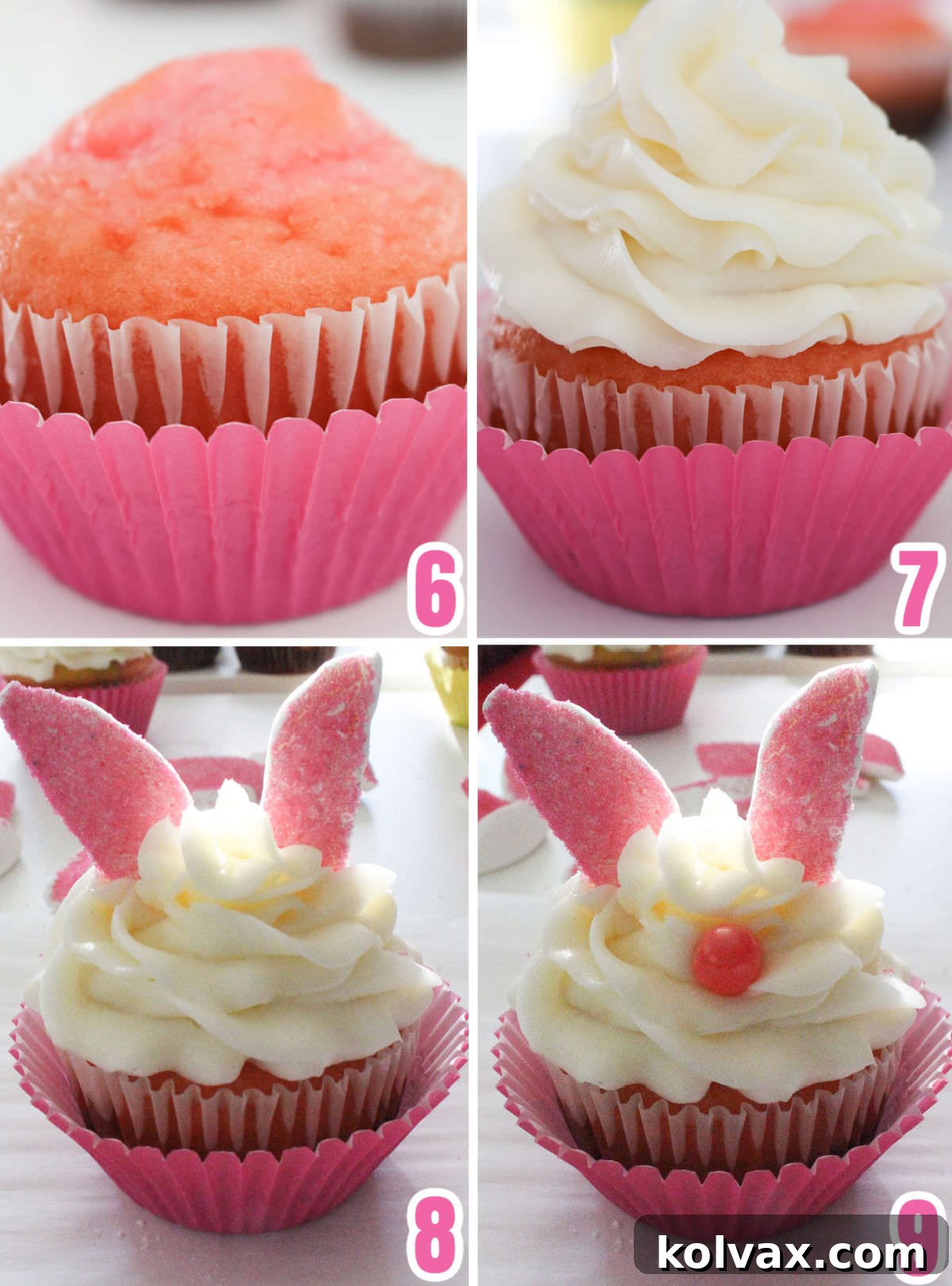 Collage image showing the steps required to assemble a Bunny Cupcake: frosting swirl, adding marshmallow ears, and placing a pink jelly bean nose.