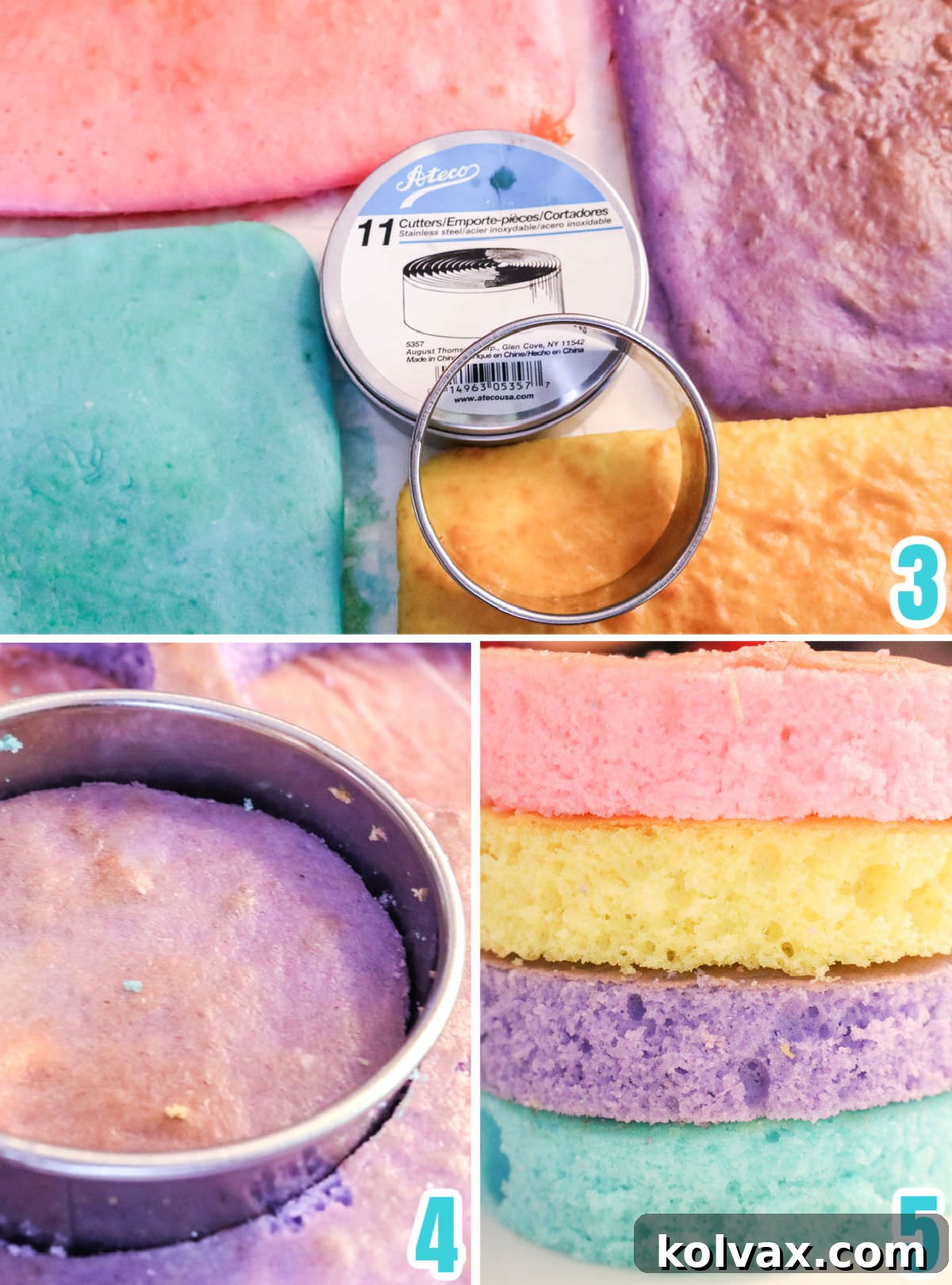 A collage illustrating the process of cutting colored cake layers into perfect circles. Several vibrant, baked cake sheets in pink, yellow, blue, and purple are shown, with a round cookie cutter being used to create uniform cake circles.