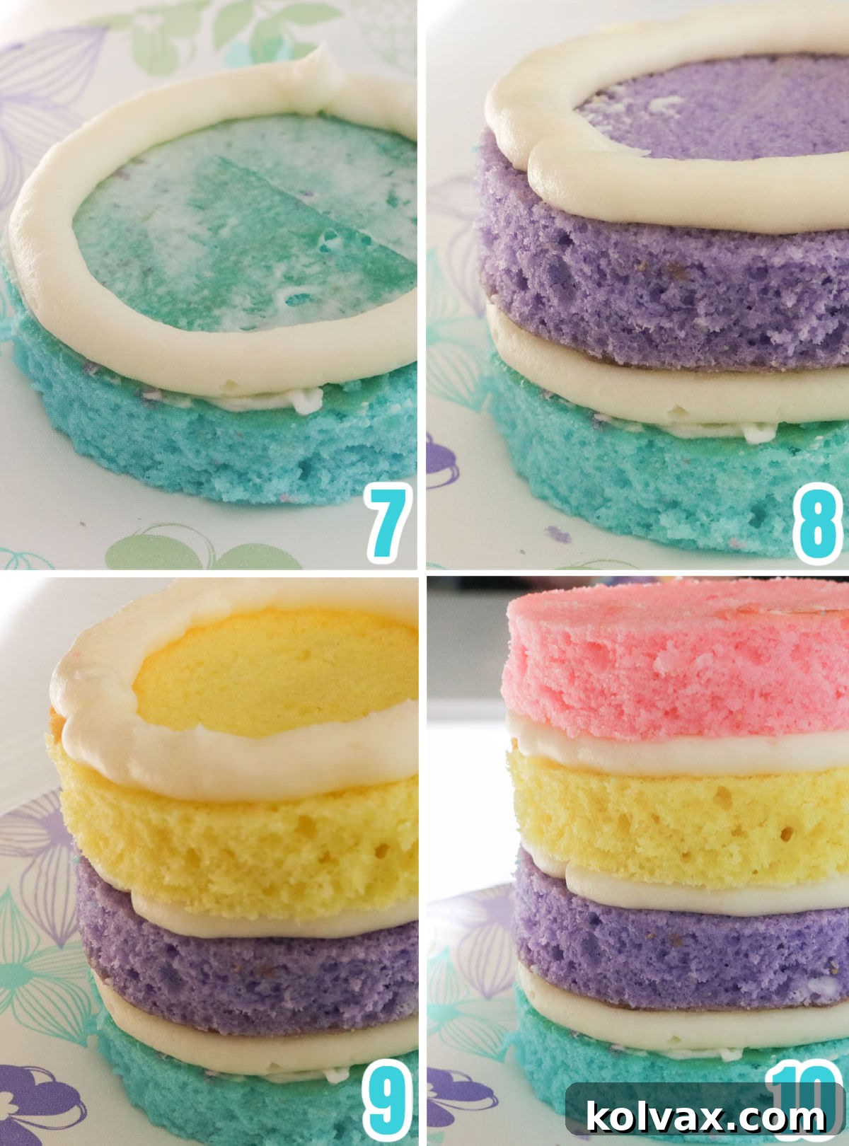 A four-panel collage depicting the step-by-step assembly of Easter Bunny Mini Cakes. The images show layering pastel cake circles (blue, purple, yellow, pink) with thin rings of white buttercream frosting piped between each layer on a flat white surface.