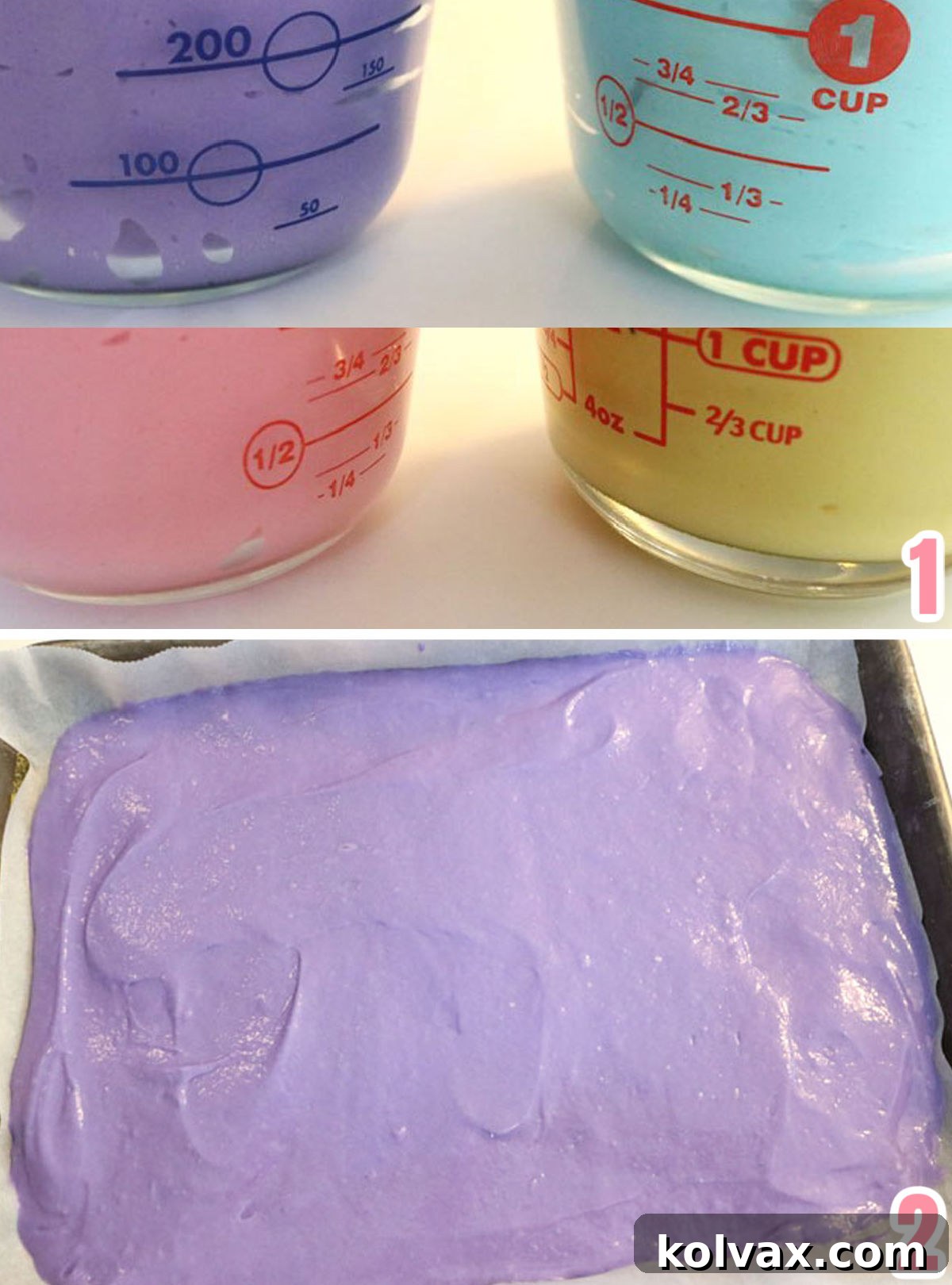 A collage demonstrating the step-by-step process of making and coloring mini cakes for Springtime Cupcakes in a Jar, showing batter separation and color mixing.