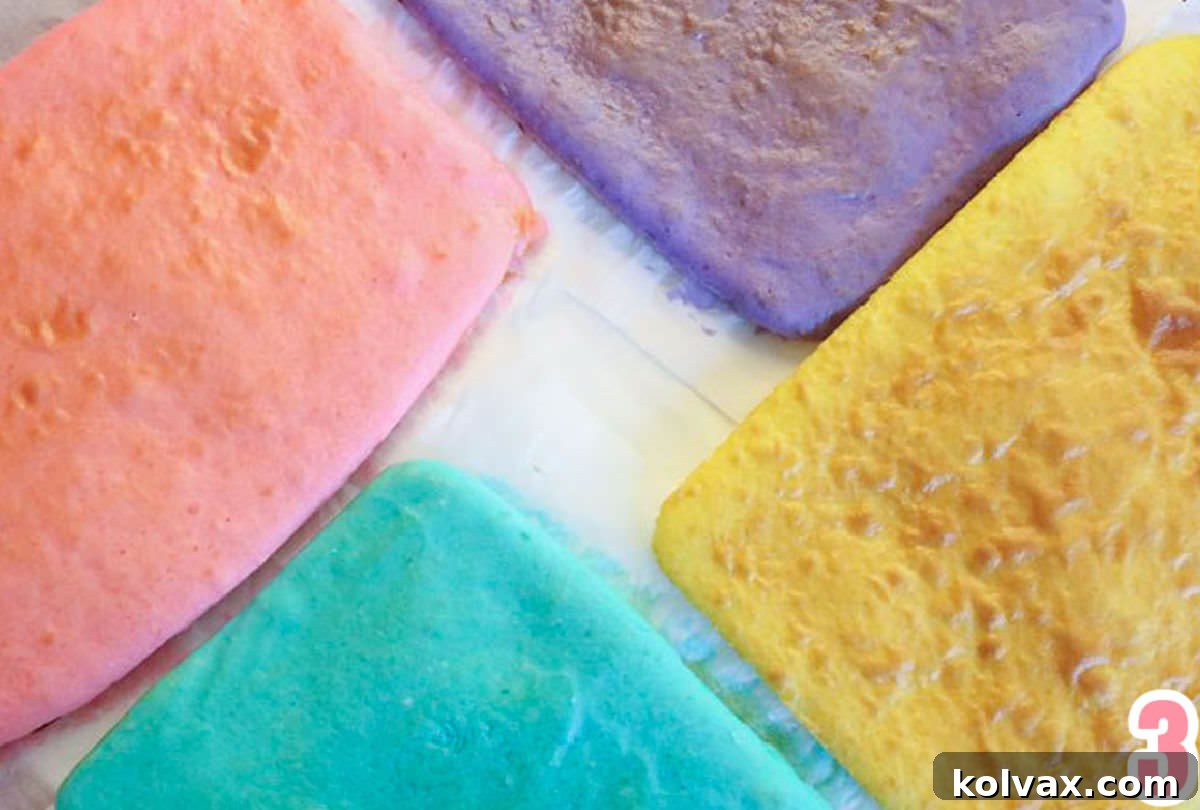 Four perfectly baked mini cakes in distinct pink, purple, yellow, and blue pastel colors, ready to be crumbled for the jarred cupcakes.