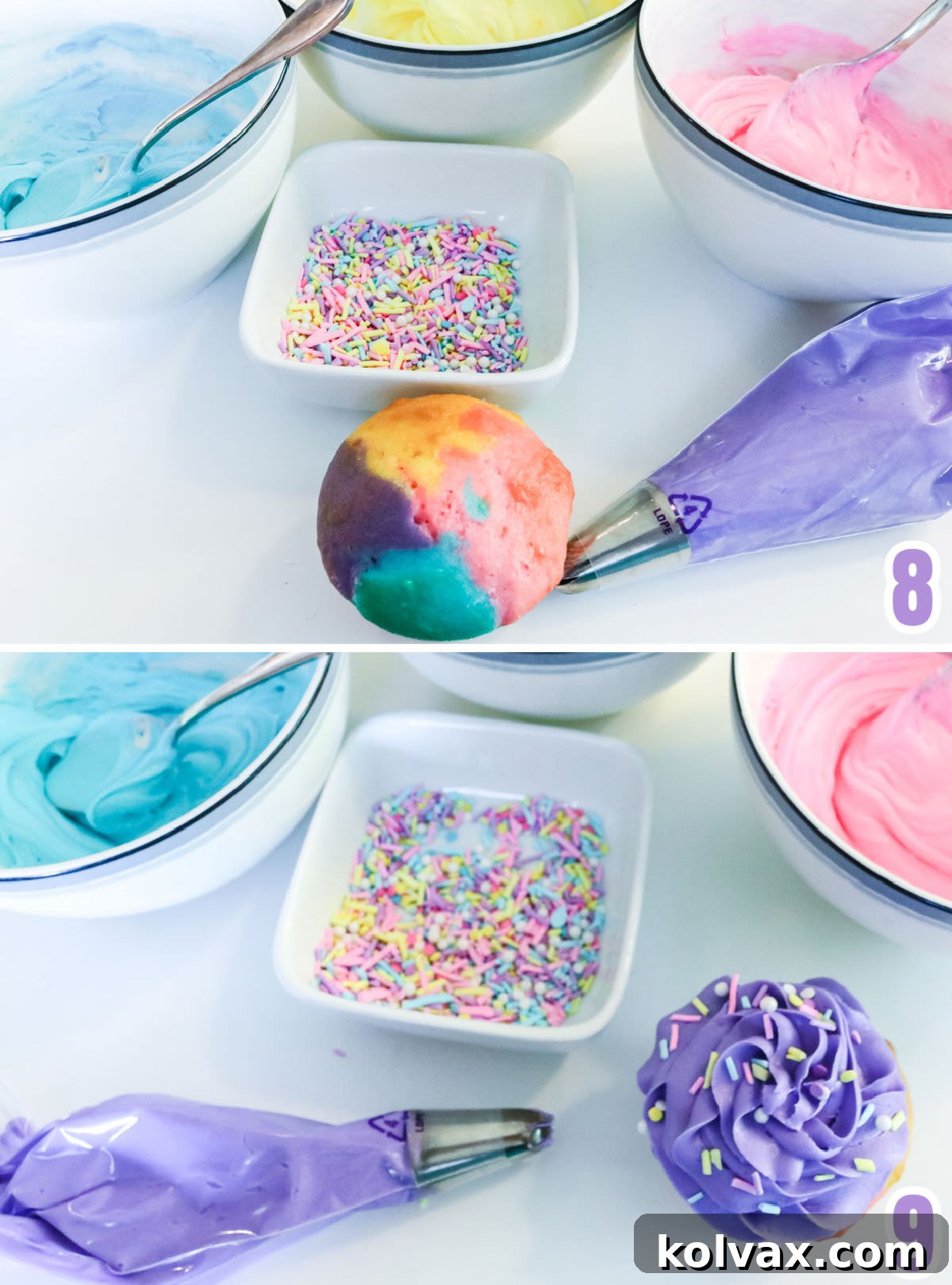 A collage of images demonstrating how to frost Celebration Marble Cupcakes using a decorating bag and a Wilton 2D frosting tip to create a perfect swirl.
