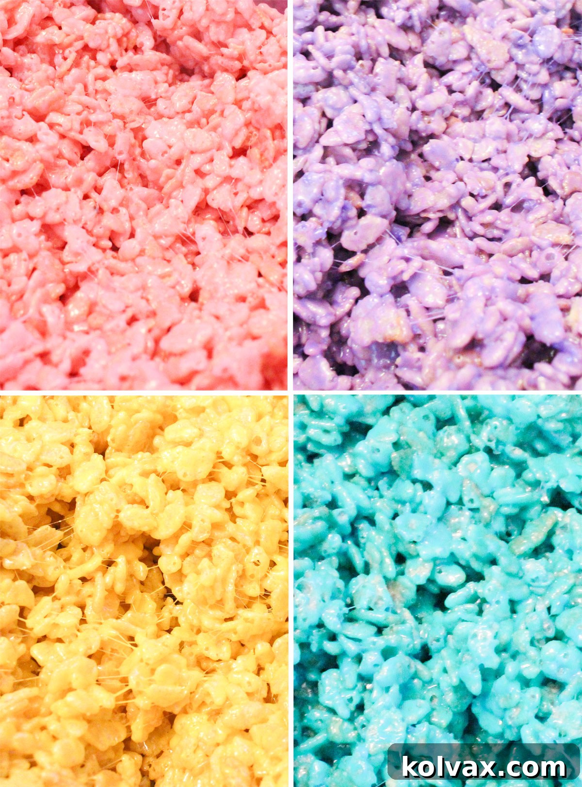 A collage displaying four separate bowls, each containing a different pastel-colored Rice Krispie Treat mixture: pink, purple, yellow, and blue, ready for shaping.