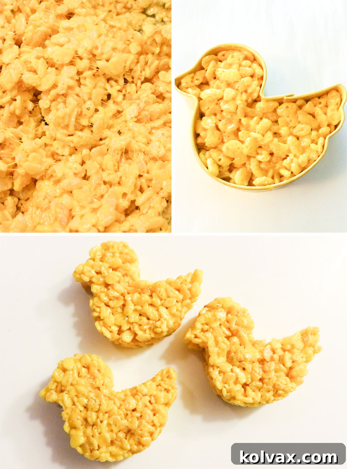 Collage image showing the steps for making Yellow Rice Krispie Treat duckies.