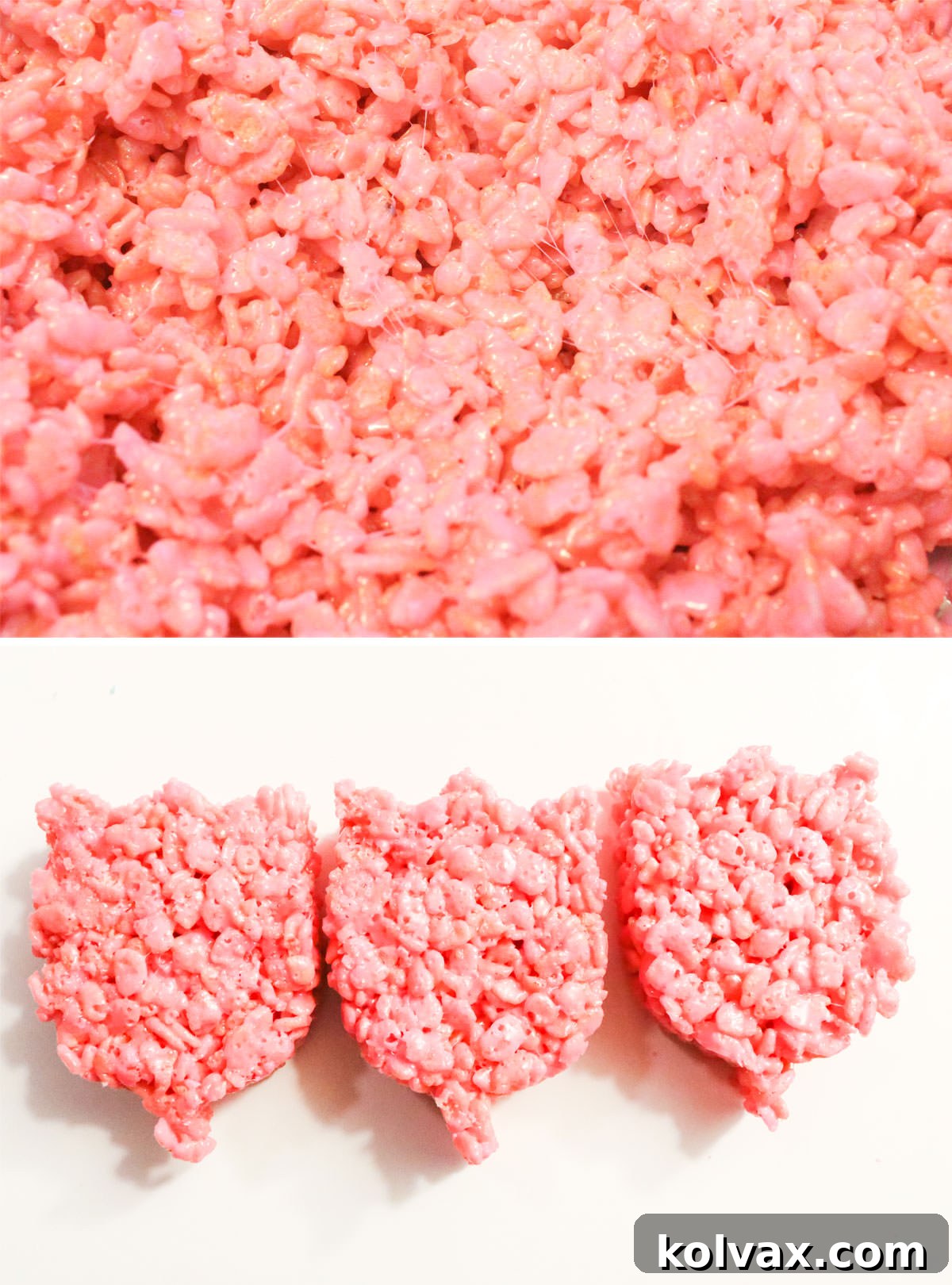Collage image showing the steps for making pink Rice Krispie Treat tulips.