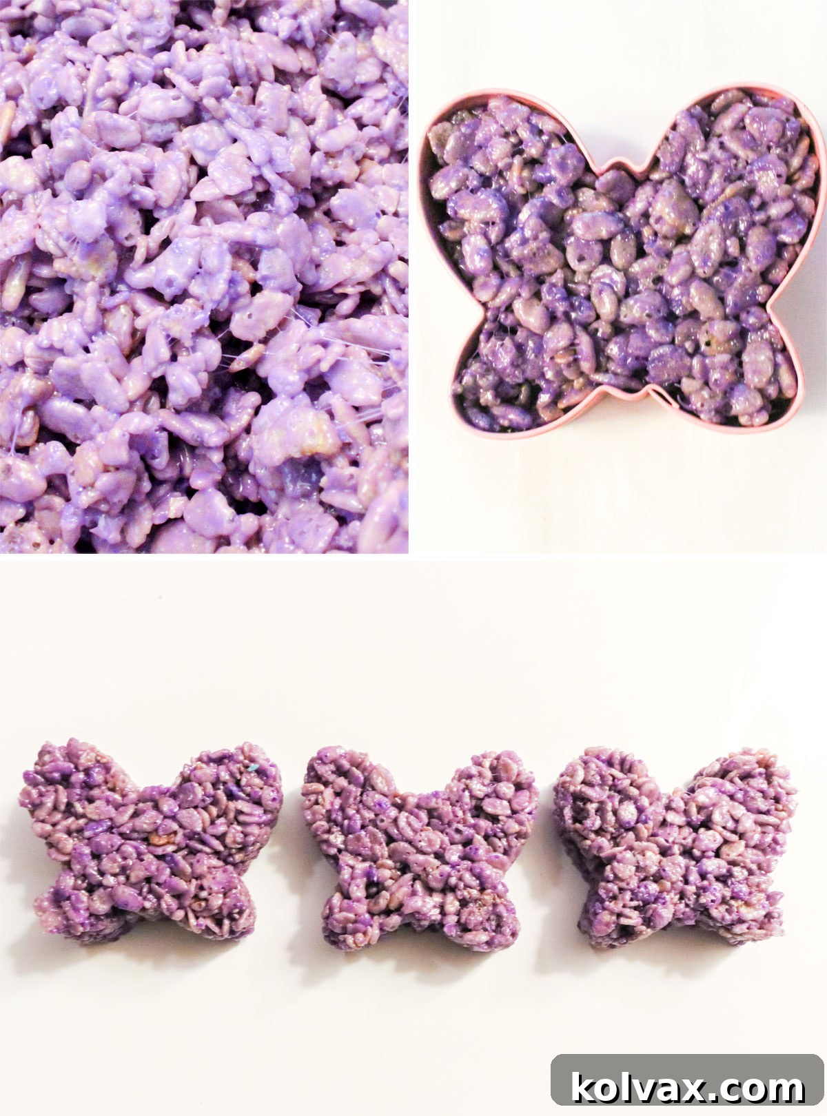 Collage image showing how to make Purple Rice Krispie Treat butterflies.