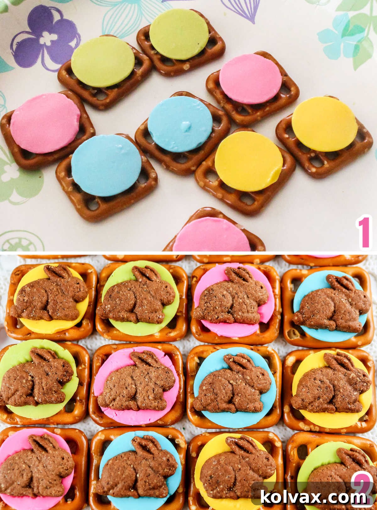 Collage image showing the steps for making Chocolate Bunny Pretzel Bites from start to finish.